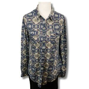 SUZY SHIER Navy blue geometric floral print button-down shirt ~ SMALL MEDIUM top